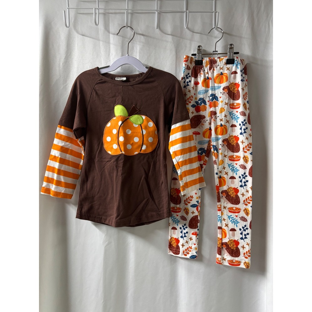 Girls Fall Pumpkin Hedgehog Outfit Set Brown Orange Striped Size L 6-7 Holiday